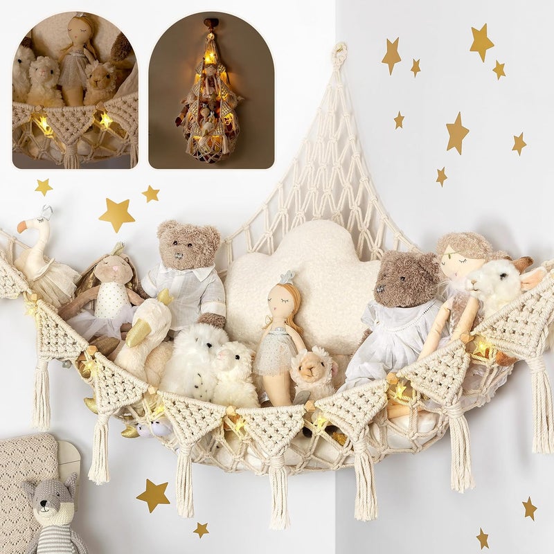 TIDYTEDS Stuffed Animal Hammock Corner | Sturdy Handcrafted Stuffed Animal Net | 4mm Double Macrame Cord Stuffed Animal Holder | Natural 100% Cotton Plushie Net | Toy Hammock w/LED Light (Ice Cream) - Image 1